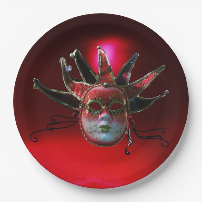 BLACK  RED JESTER MASK ,Masquerade Party Paper Plate (Front)