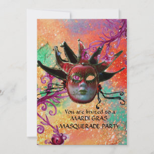BLACK  RED JESTER MASK ,Masquerade Party Red Gold Invitation