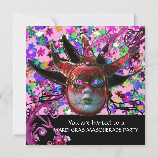 BLACK RED JESTER MASK ,Masquerade Party Silver Invitation (Front)