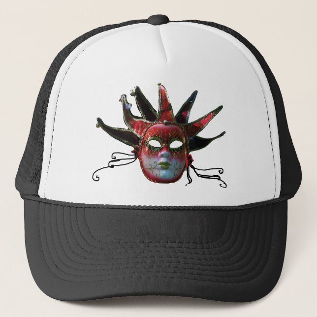 BLACK  RED JESTER MASK ,Masquerade Party Trucker Hat (Front)