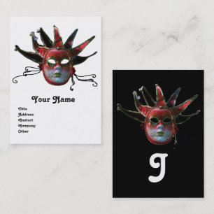 BLACK RED JESTER MASK ,Masquerade Party White Business Card
