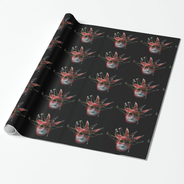 BLACK  RED JESTER MASK ,Masquerade Party Wrapping Paper (Unrolled)