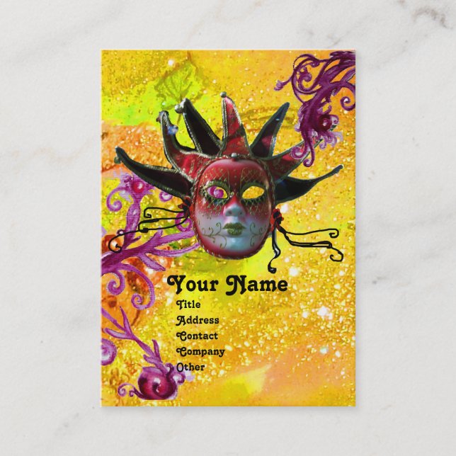 BLACK  RED JESTER MASK Masquerade Party Yellow Business Card (Front)