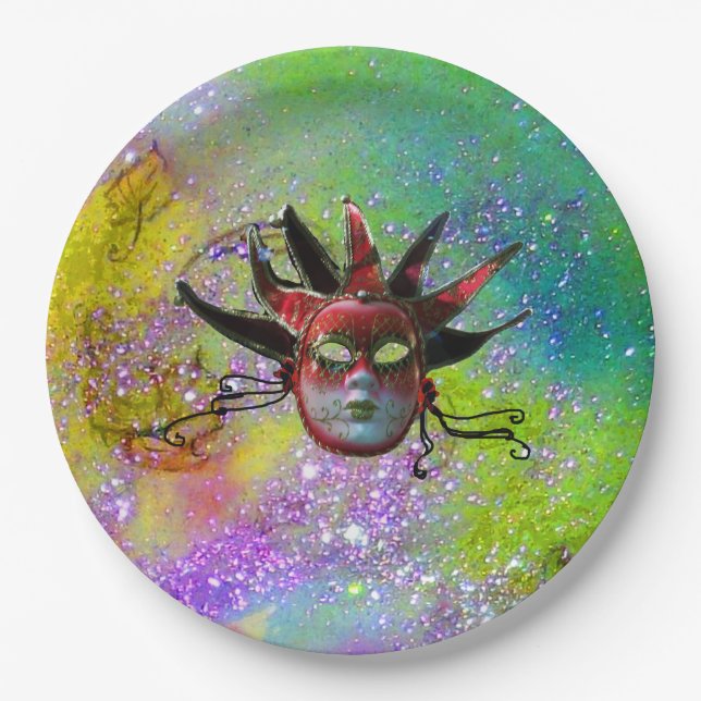 BLACK RED JESTER MASK Masquerade yellow violet Paper Plate (Front)