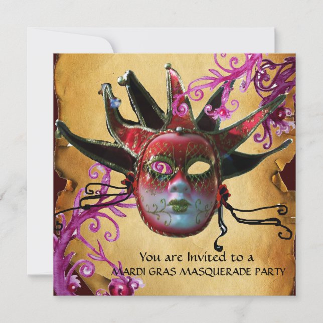 BLACK RED JESTER MASK ,Parchment Masquerade Party Invitation (Front)