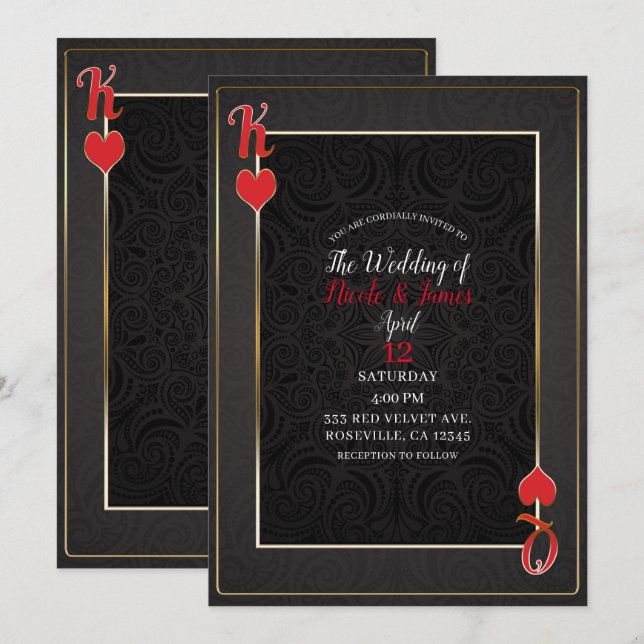 Black Red King & Queen of Hearts Elegant Wedding Invitation (Front/Back)
