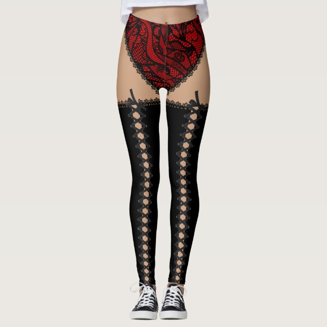 Black & Red Lace Up Leggings (Front)