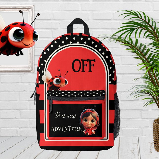 Black Red Ladybug Cute Kids Printed Backpack (Kids backpack featuring a cute design with ladybugs, polka dots and stripes in bold red and black)