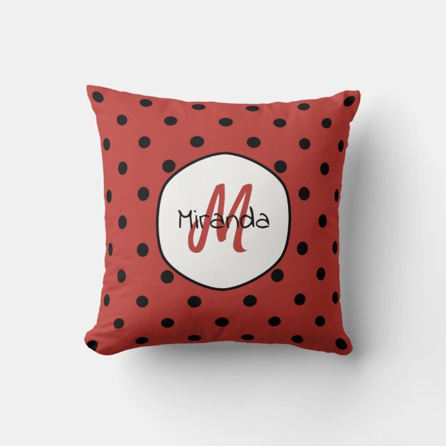 Black Red Ladybug Polka Dots Name and Monogram Cushion (Front)