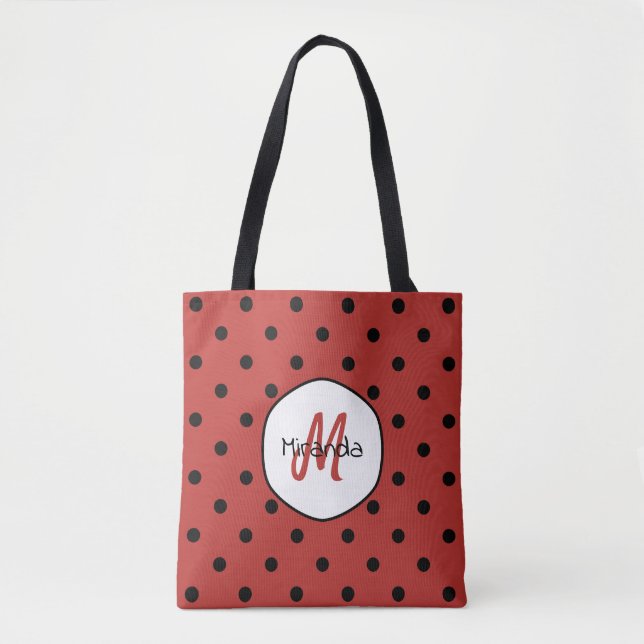Black Red Ladybug Polka Dots Name and Monogram Tote Bag (Front)