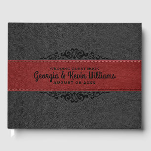 Black & Red Leather Black Floral Accent Guest Book