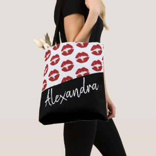 Black Red Lips Kiss Pattern Modern Personalised Tote Bag