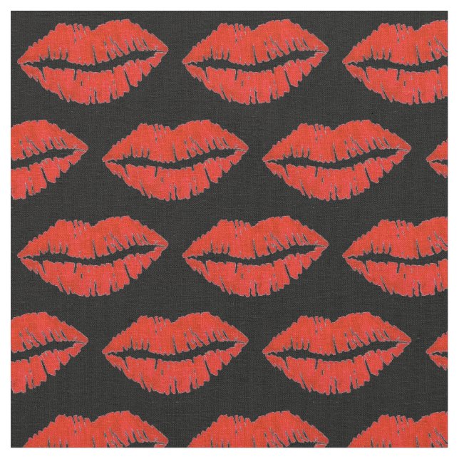 Black Red Lips Lipstick Kiss Print Valentine Love Fabric (Close Up)