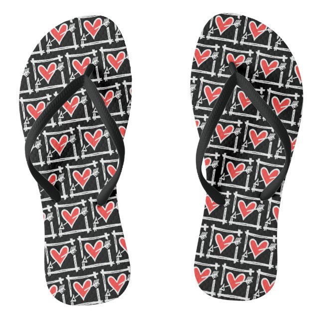 Black & Red Love Heart Flip Flops  (Footbed)