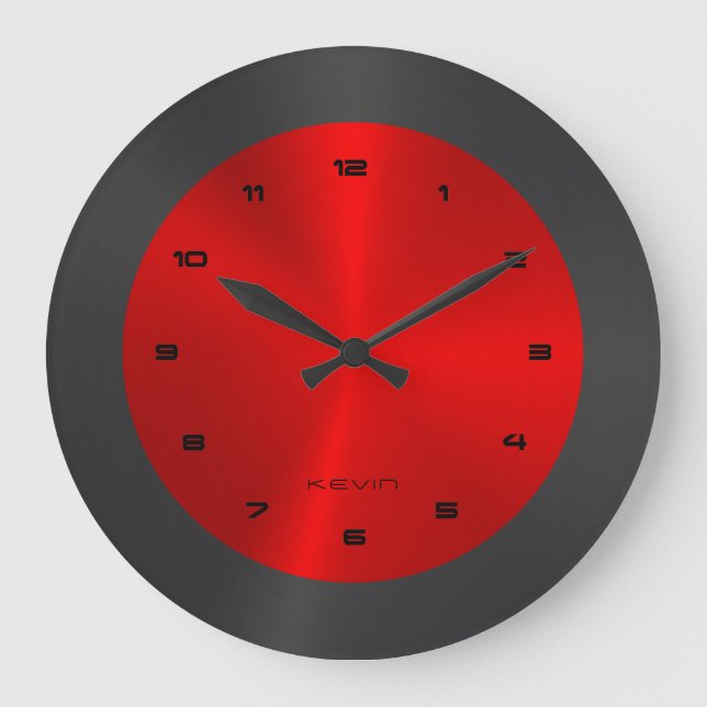 Black & Red & Metallic Stainless Steel Look Large Clock (Front)