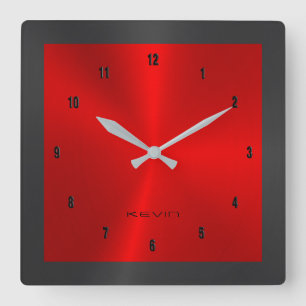 Black & Red & Metallic Stainless Steel Square W Wall Clock