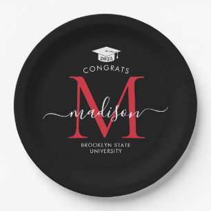 Black Red Monogram Graduate Cap Graduation Paper Plate