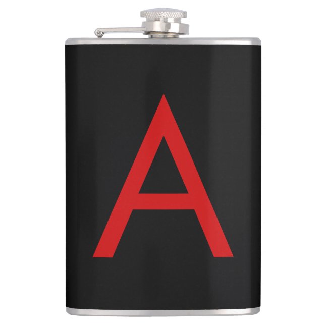 Black Red Monogram Initial Letter Modern Plain Hip Flask (Front)