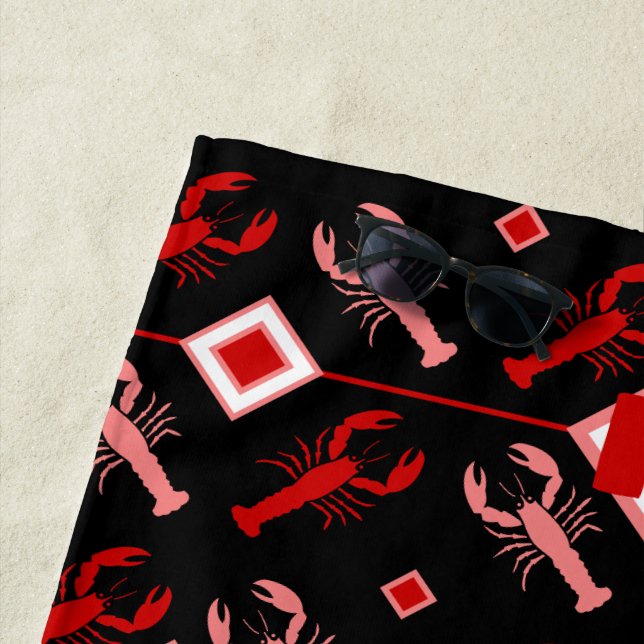 Black & Red Monogram Lobster Coastal Theme Beach Towel (In Situ)