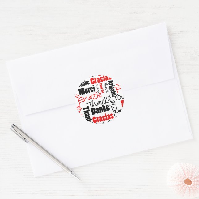 Black Red Multilingual Thank You Typography Classic Round Sticker (Envelope)