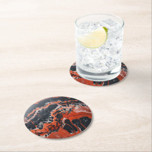 Black Red Orange Marble Pattern Round Paper Coaster