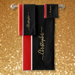 Black Red Orange Racing Stripes Faux Gold Monogram Bath Towel Set<br><div class="desc">Create your own custom, personalised, cool, classy, stylish, classic, multicolor black red orange and white racing stripes design, modern elegant faux gold typography / script monogram, trendy, machine washable, bath towel set that includes 30" x 60" bath towel, 16" x 28" hand towel and 13" x 13" washcloth. To customise,...</div>
