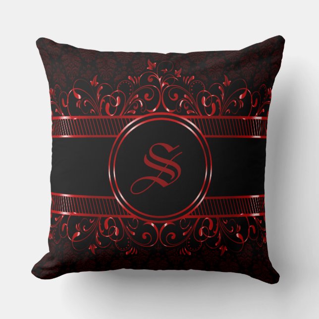 Black & Red Ornate Gothic Monogrammed Cushion (Front)