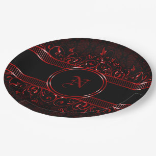 Black & Red Ornate Gothic Monogrammed   Paper Plate
