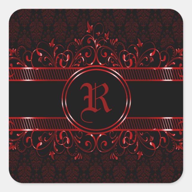 Black & Red Ornate Gothic Monogrammed   Square Sticker (Front)