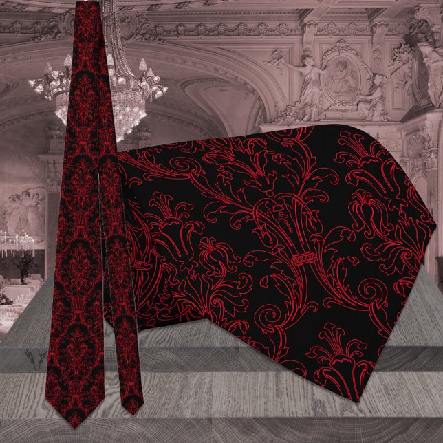 Black & Red Outline Floral Damask Wedding Tie (Creator Uploaded)