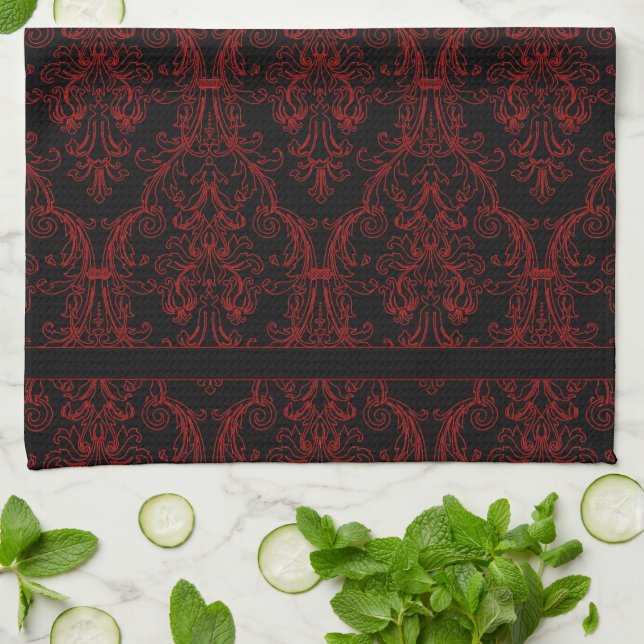 Black Red Outline Monogram Damask Floral Swirls Tea Towel (Folded)