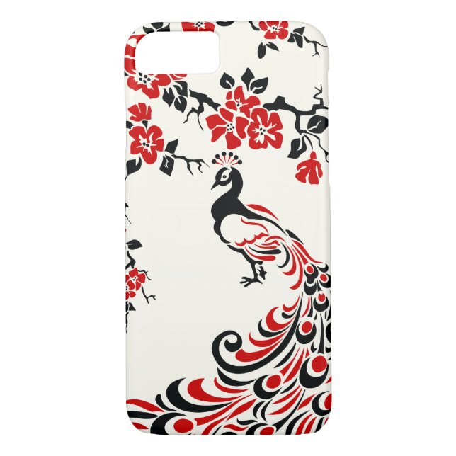 Black, red peacock & cherry blossoms Case-Mate iPhone case (Back)