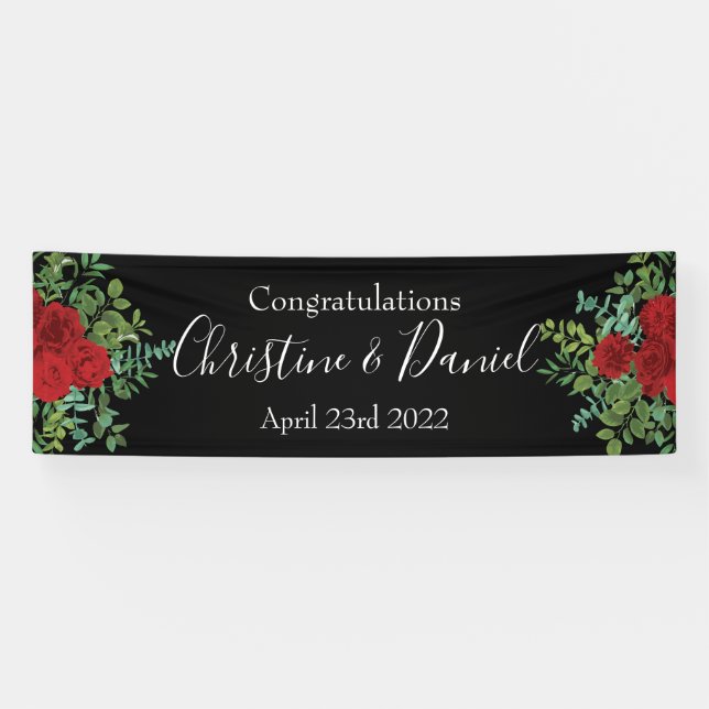 Black & Red Peony & Rose Floral Wedding Banner (Horizontal)