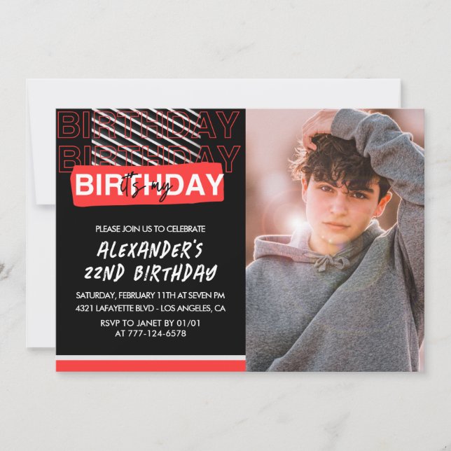 Black Red Photo 22nd birthday invitations Men  (Front)