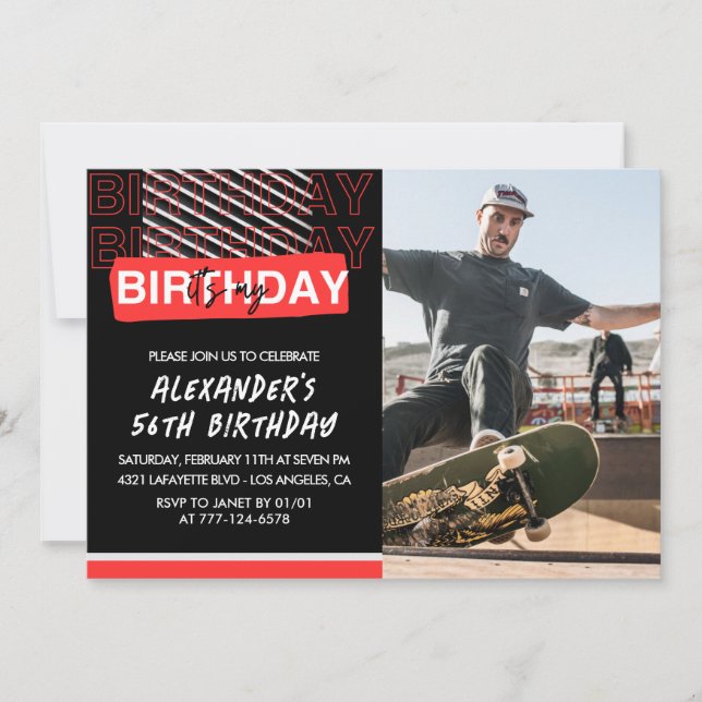  Black Red Photo 56th birthday invitations Men  (Front)