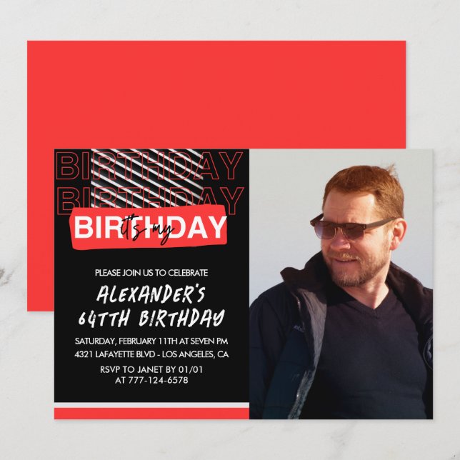  Black Red Photo 64th birthday invitations Men  (Front/Back)