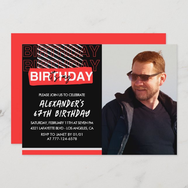  Black Red Photo 67th birthday invitations Men  (Front/Back)