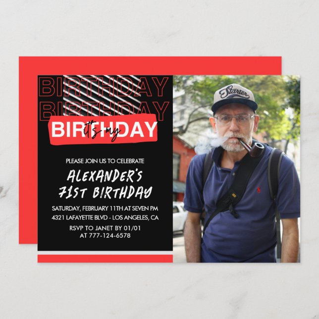  Black Red Photo 71st birthday invitations Men  (Front/Back)