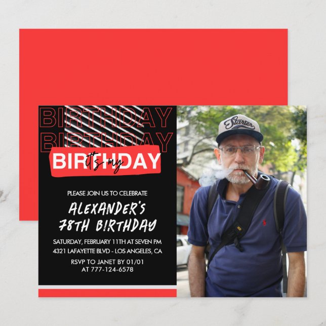  Black Red Photo 78th birthday invitations Men  (Front/Back)