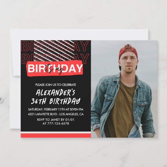  Black Red Photo Men 36th birthday invitations  (Front)