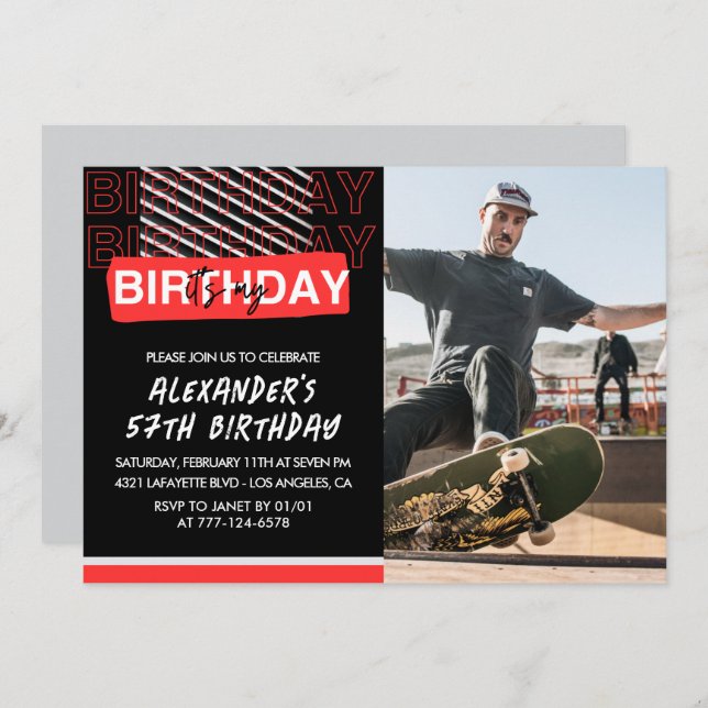  Black Red Photo Men 57th birthday invitations  (Front/Back)