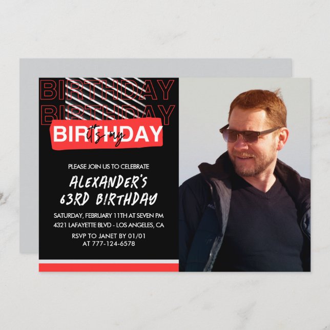  Black Red Photo Men 63rd birthday invitations  (Front/Back)