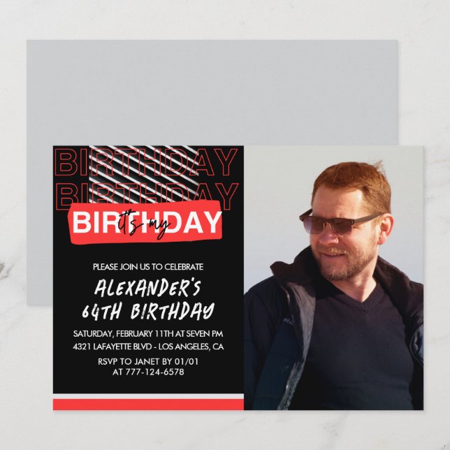  Black Red Photo Men 64th birthday invitations  (Front/Back)