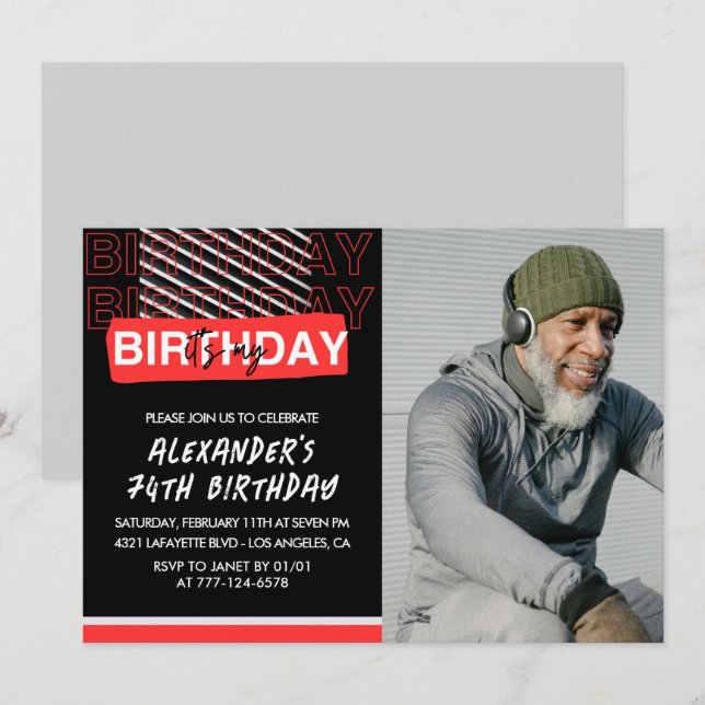  Black Red Photo Men 74th birthday invitations  (Front/Back)