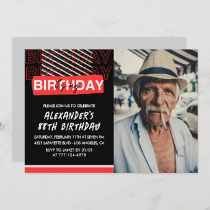  Black Red Photo Men 88th birthday invitations 