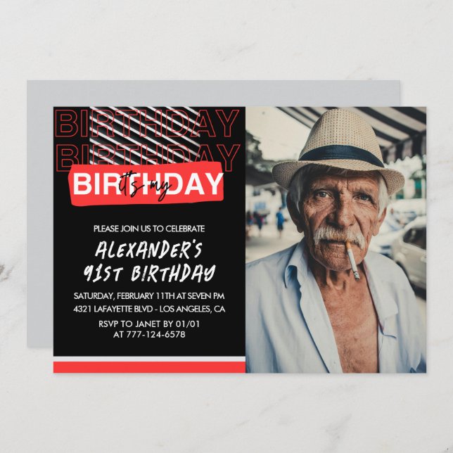  Black Red Photo Men 91st birthday invitations  (Front/Back)