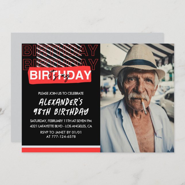  Black Red Photo Men 98th birthday invitations  (Front/Back)