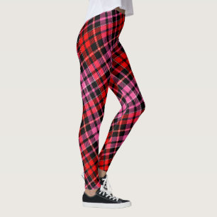 Black Red Pink Bold Plaid Tartan Design Leggings