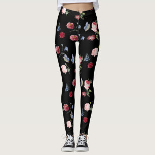 Black Red & pink floral print & blue butterfly Leggings