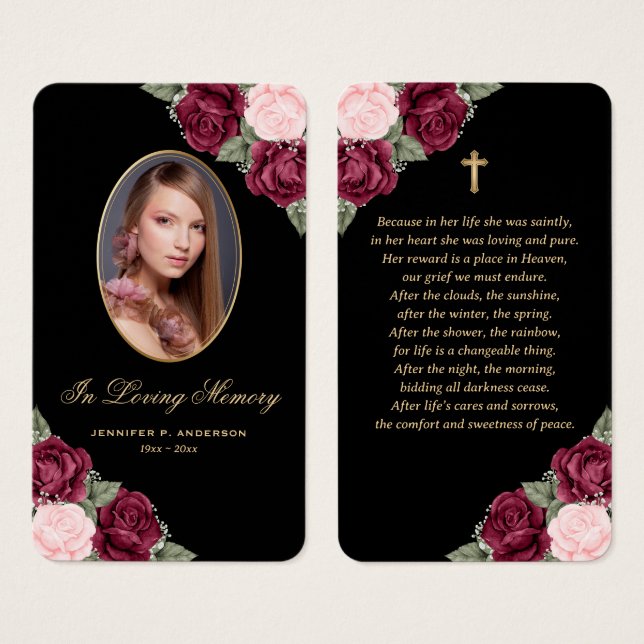 Black Red Pink Gold Floral Funeral Prayer Card (Front & Back)